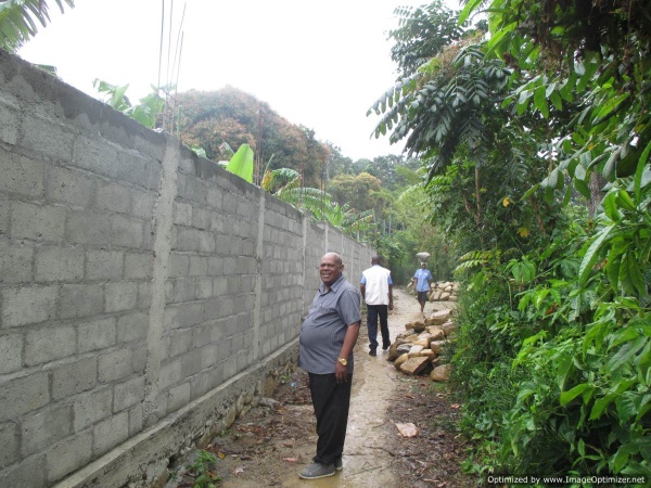 Man standing between cement wall that is being constructed and grove of trees